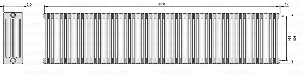 Схема (чертеж) Радиатор Zehnder Charleston 6090/55 №7610 Белый глянцевый RAL 9016